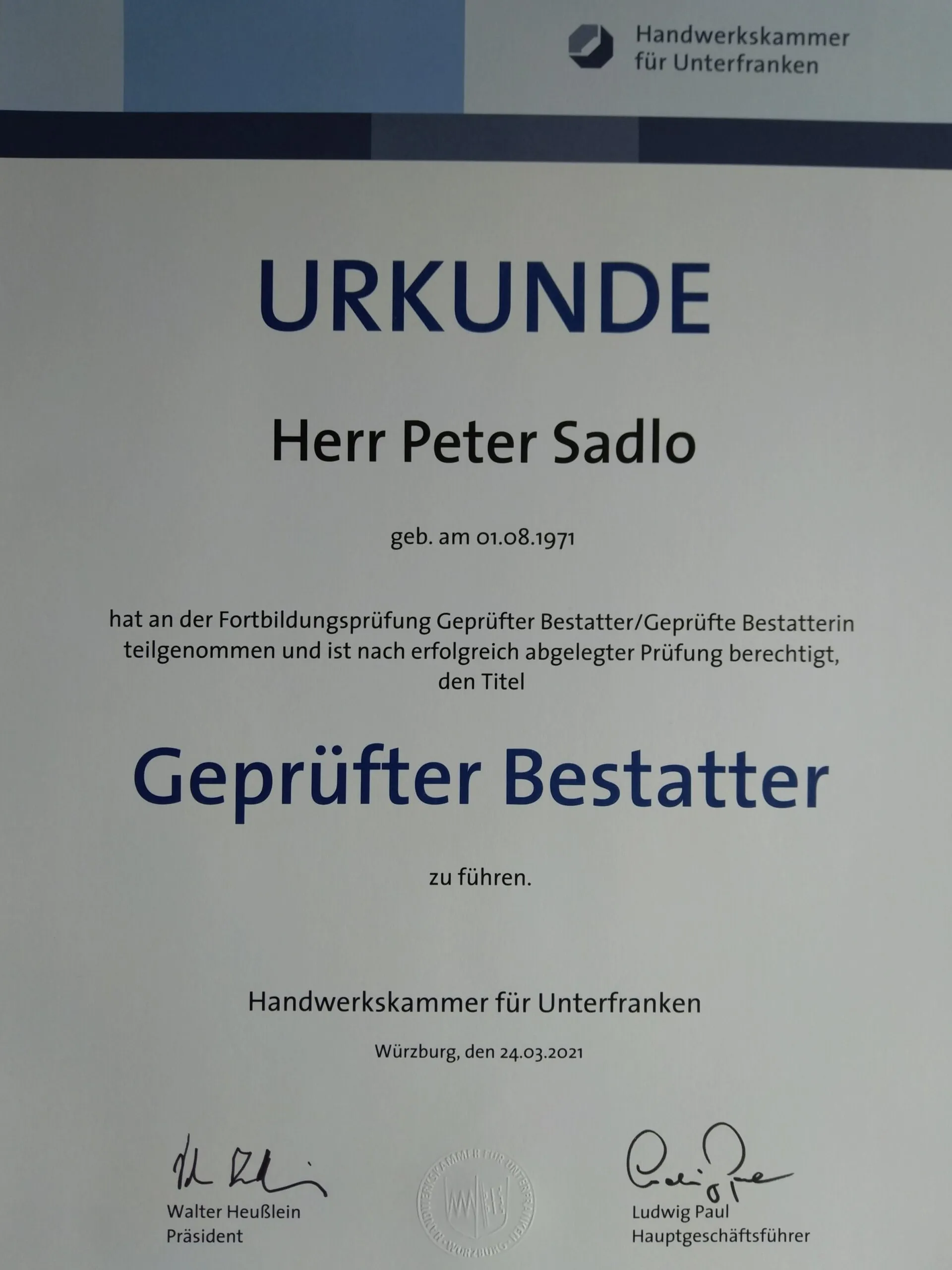 Urkunde geprüfter Bestatter Peter Sadlo